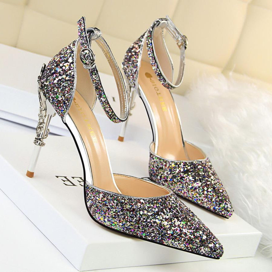 Glitter Point Toe Ankle Strap Sandals Newgew