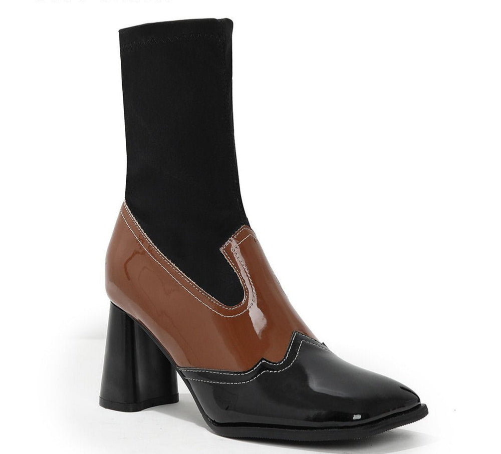Splicing Thick Heel Square Toe Mid-calf Sock Boots Newgew