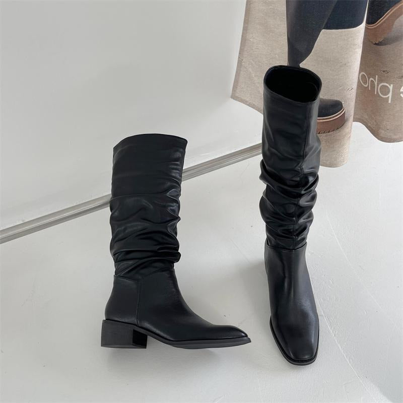 Square Toe Pleated Chunky Heeled Boots Newgew