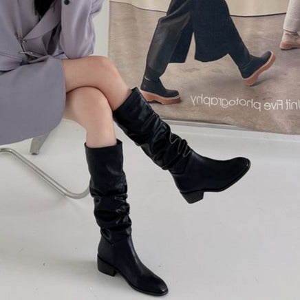 Square Toe Pleated Chunky Heeled Boots Newgew