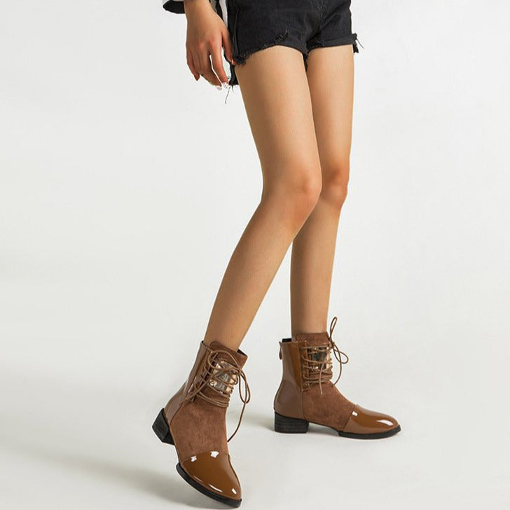Lace-up Round Toe Low Heeled Back Zipper Boots Newgew