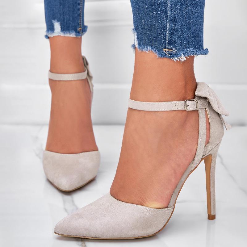 Suede Bow Decor Stiletto Heeled Ankle Strap Pumps Newgew