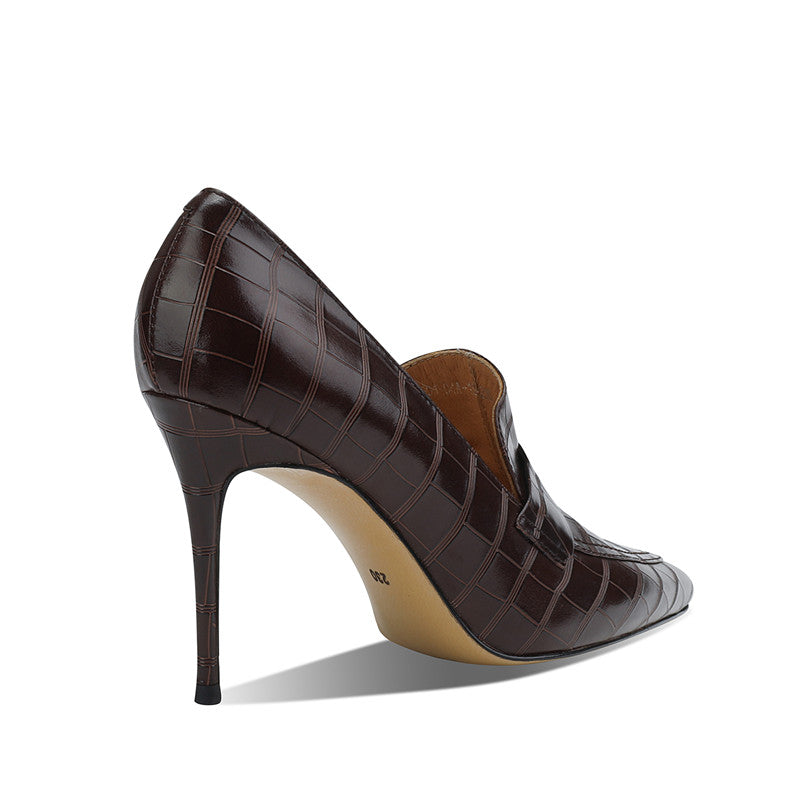 Gloria Brown Pointed Toe Loafer Heels Newgew