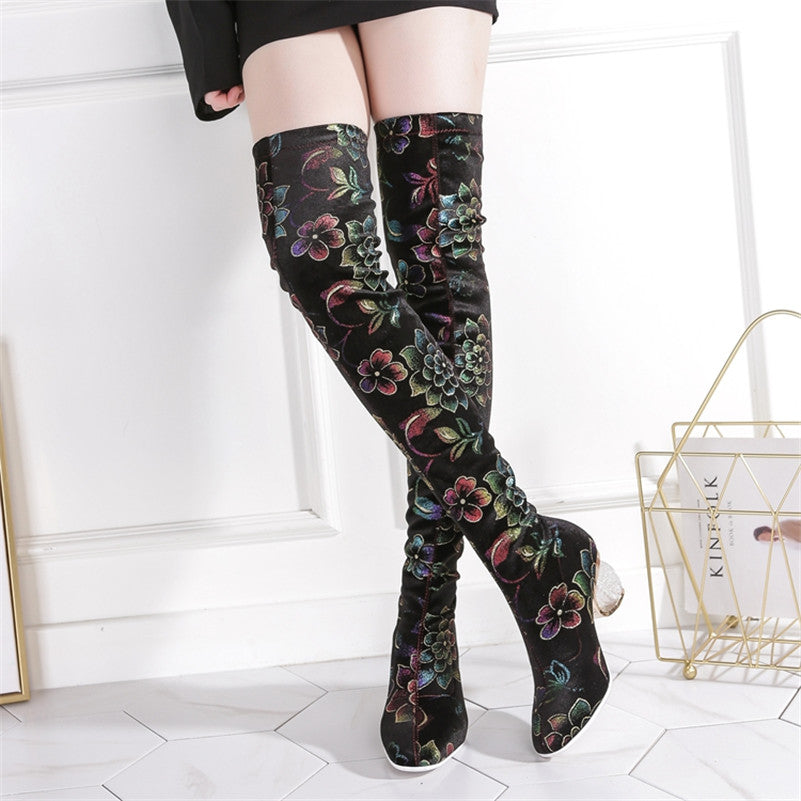Melany Lucky Lotus Print Stretch Boots newgew