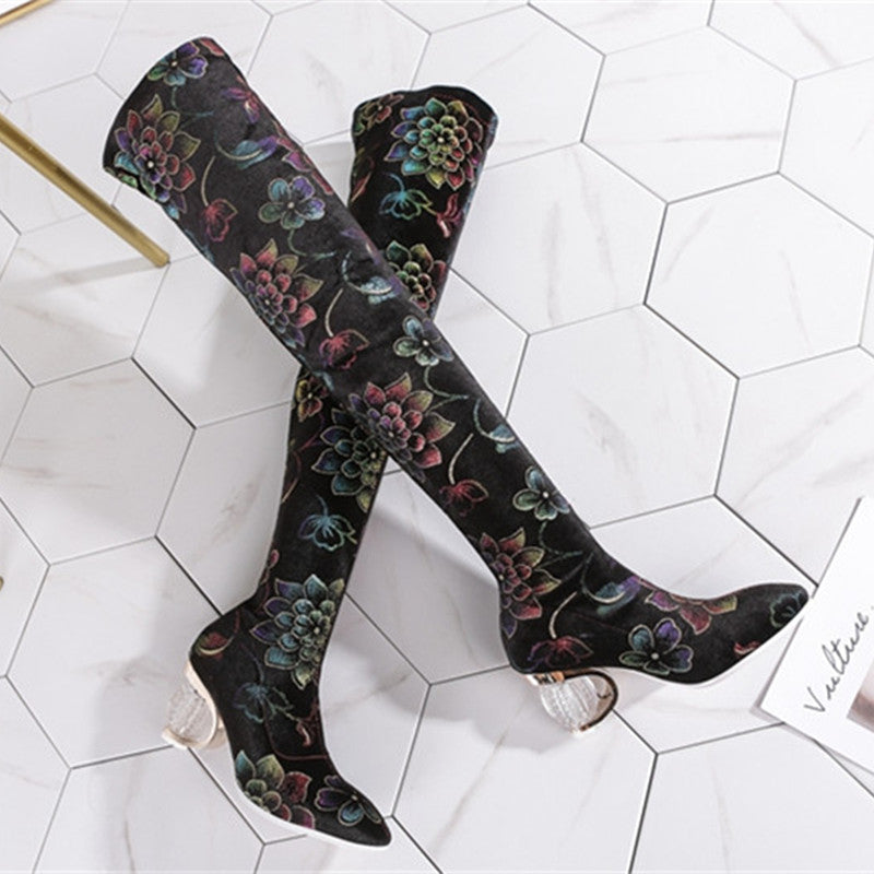Melany Lucky Lotus Print Stretch Boots newgew