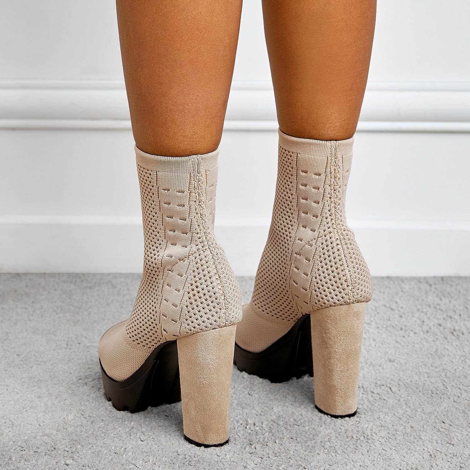 Peep Toe Chunky Heeled Sock Boots Newgew