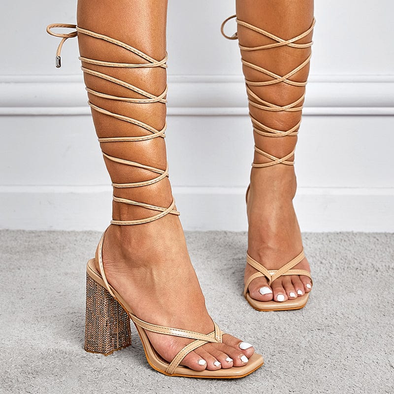 Tie Leg Design Chunky Heeled Strappy Sandals Newgew