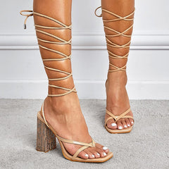 Tie Leg Design Chunky Heeled Strappy Sandals Newgew