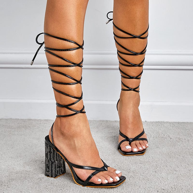 Tie Leg Design Chunky Heeled Strappy Sandals Newgew