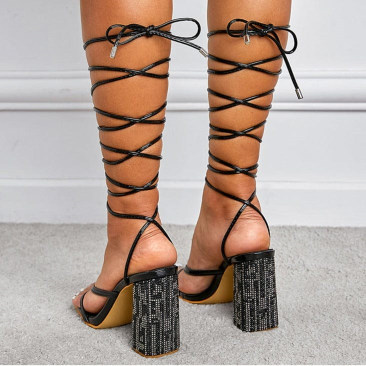 Tie Leg Design Chunky Heeled Strappy Sandals Newgew