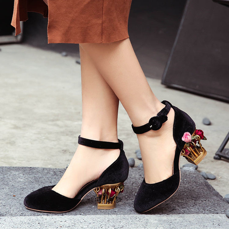 Novelty Ankle Strap Pumps with Rose Cage Heels Newgew