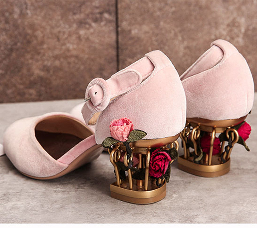 Novelty Ankle Strap Pumps with Rose Cage Heels Newgew