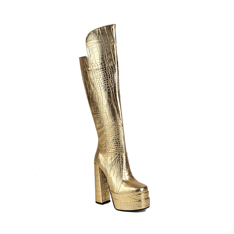 Ginny Platform Gold Knee High Boots Newgew