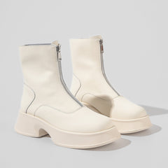 Round Toe Zip Cowhide Short  Martin Boots Zipper Heeled Boots Newgew