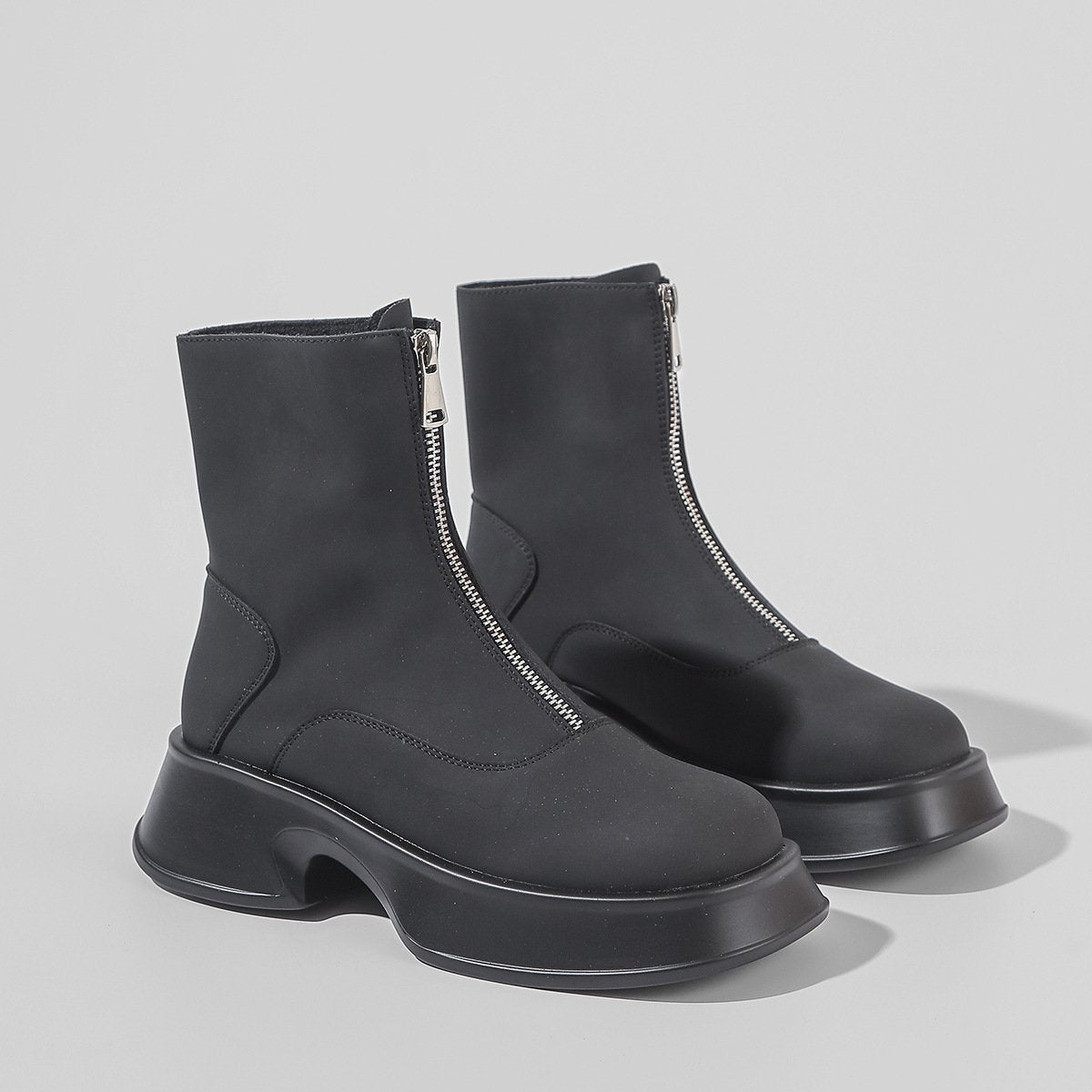 Round Toe Zip Cowhide Short  Martin Boots Zipper Heeled Boots Newgew