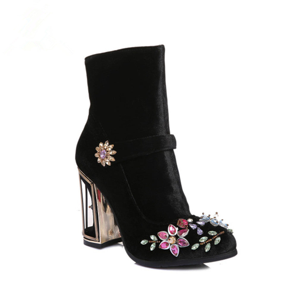 Novelty Handmade Velvet Ankle Booties with Rhinestone Floral Decoration Newgew