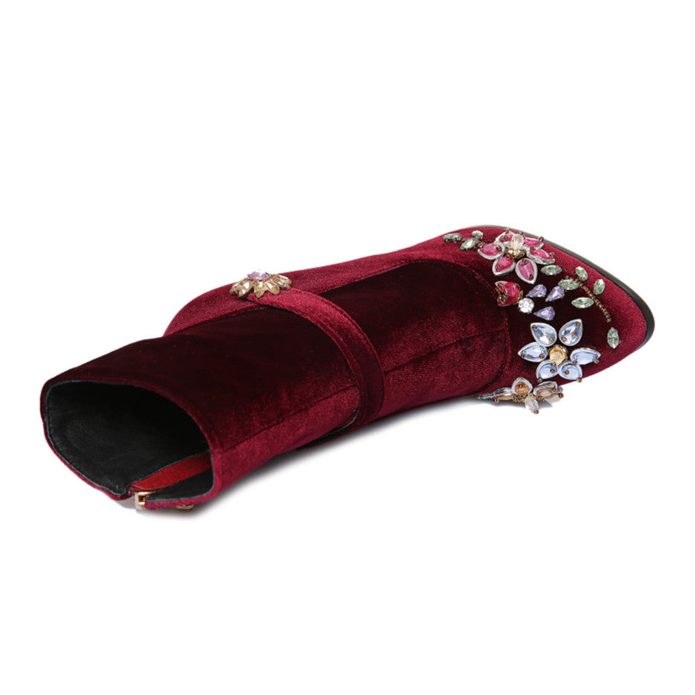 Novelty Handmade Velvet Ankle Booties with Rhinestone Floral Decoration Newgew