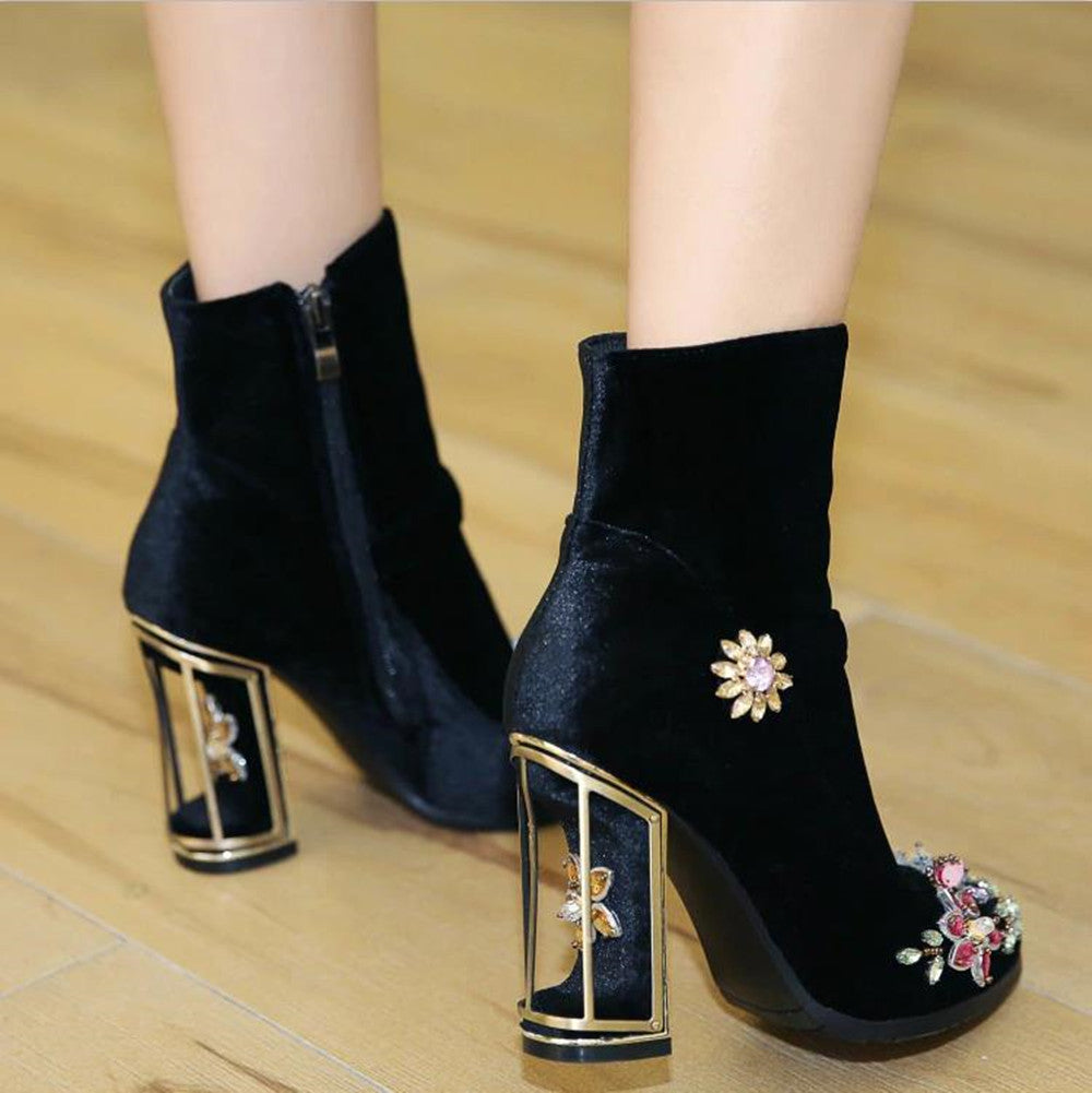 Novelty Handmade Velvet Ankle Booties with Rhinestone Floral Decoration Newgew