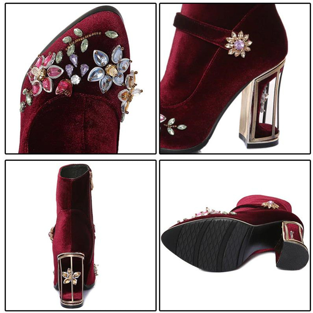 Novelty Handmade Velvet Ankle Booties with Rhinestone Floral Decoration Newgew