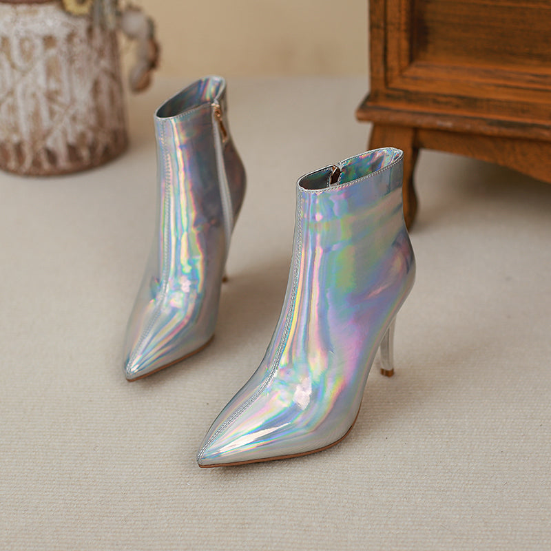 Etta Silver Holographic Stiletto Ankle Boots NEW GEW