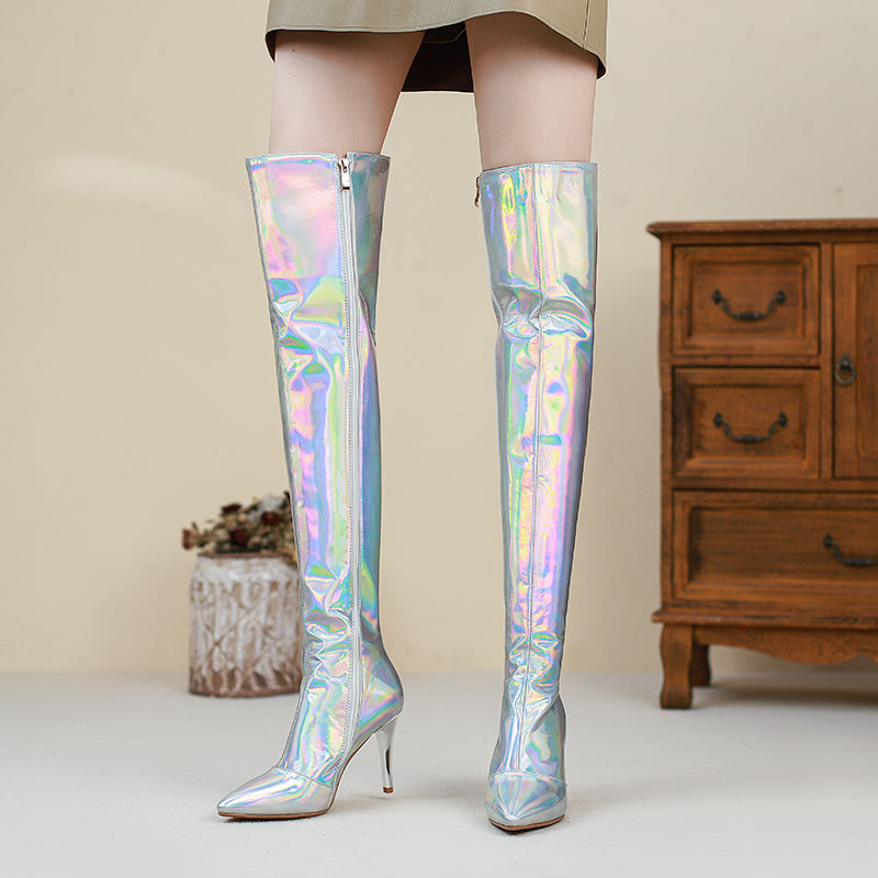 Etta Silver Holographic Thigh High Boots with Heels NEW GEW