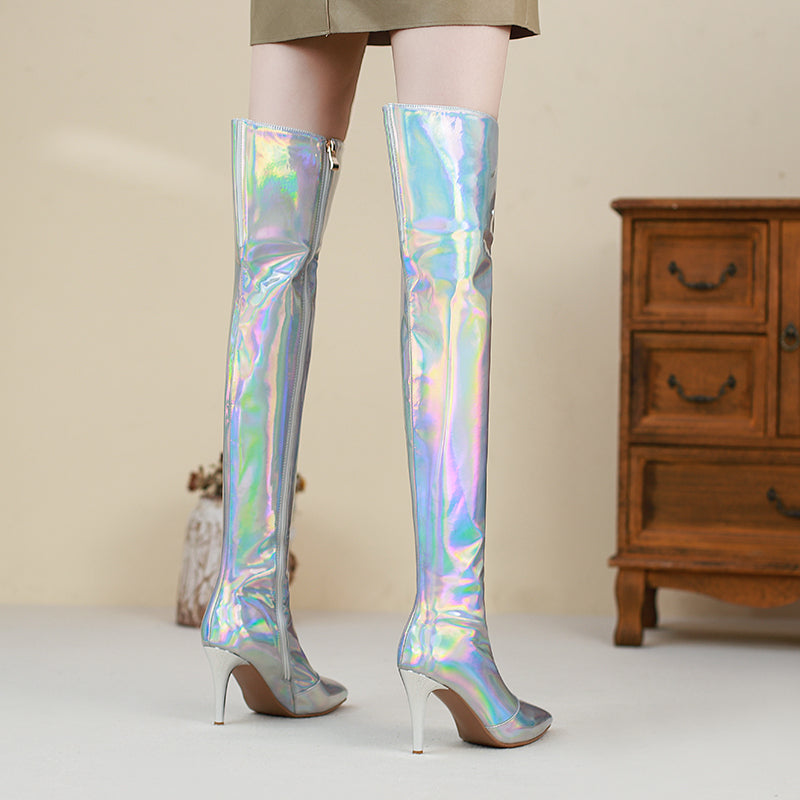 Etta Silver Holographic Thigh High Boots with Heels NEW GEW