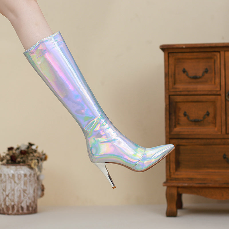 Etta Silver Holographic Knee High Boots with Heels NEW GEW