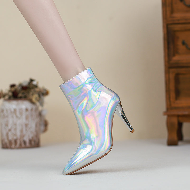 Etta Silver Holographic Stiletto Ankle Boots NEW GEW
