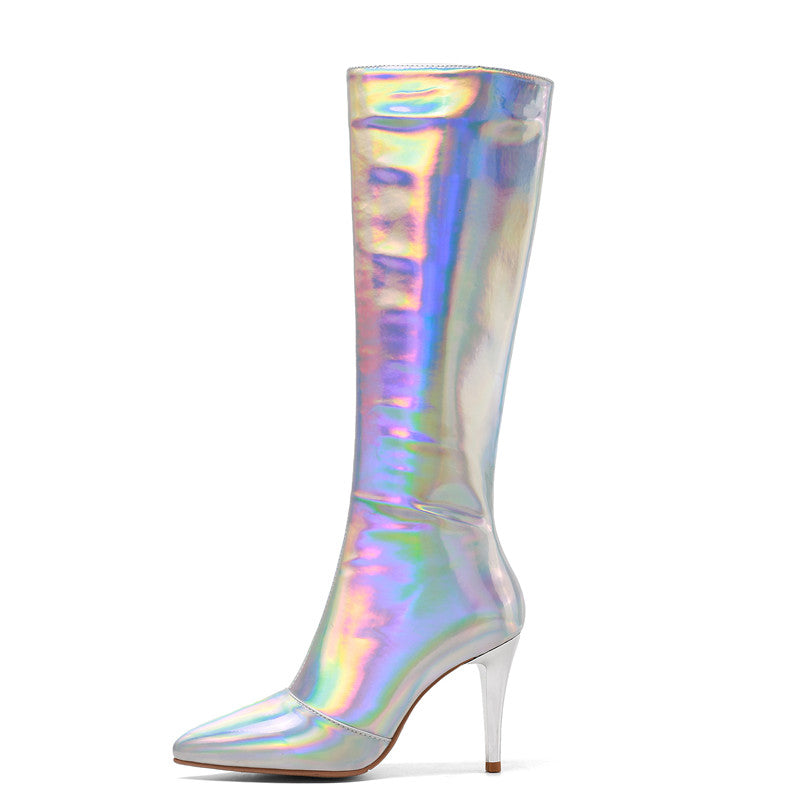 Etta Silver Holographic Knee High Boots with Heels NEW GEW