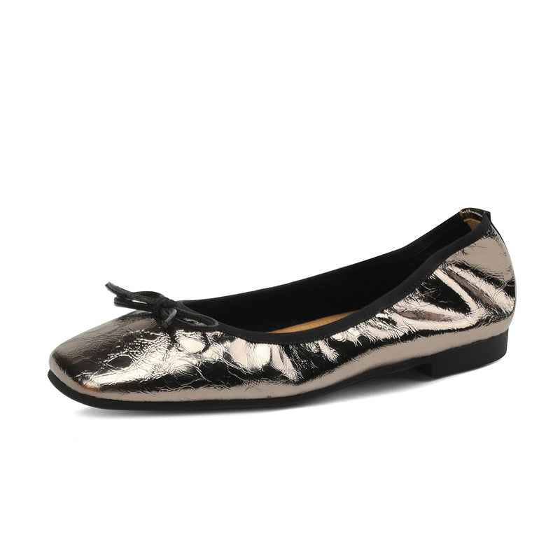 Fawn Square Toe Flats with Bow Gun Color Newgew