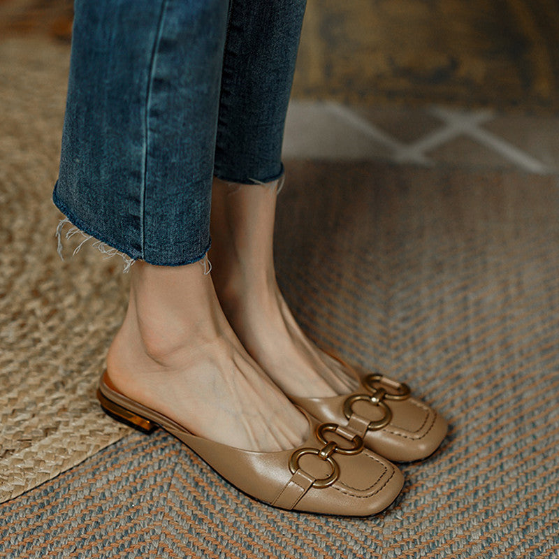 Anne Square Toe Flat Mules with Chain Newgew