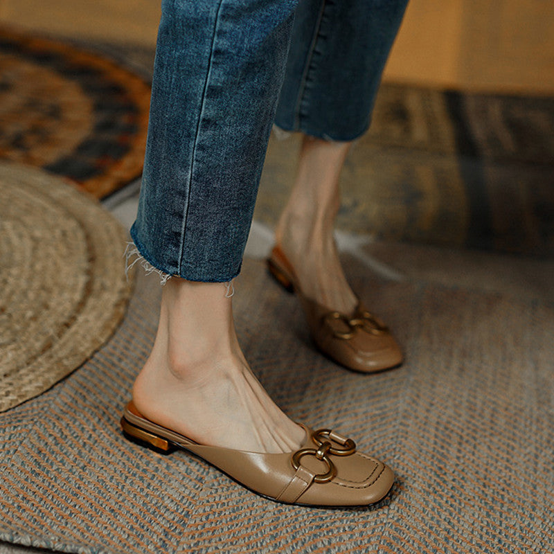 Anne Square Toe Flat Mules with Chain Newgew