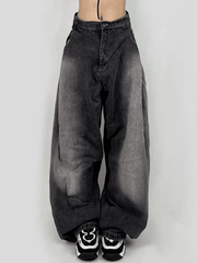 Washed Contrast Waist Pleated Relaxed Leg Boyfriend Jeans NewGew