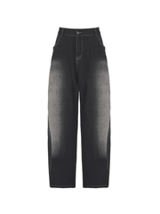 Washed Contrast Waist Pleated Relaxed Leg Boyfriend Jeans NewGew