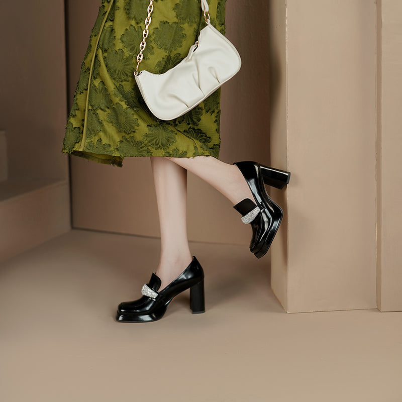 Noa Platform Heeled Loafers with Rhinestones Newgew