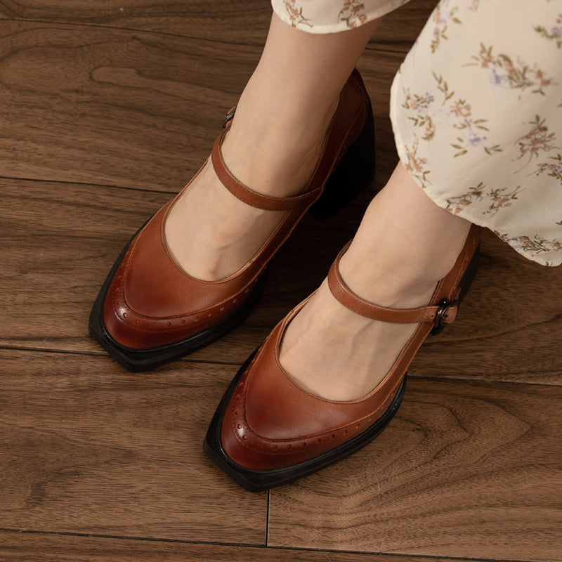 Denver Retro Brogue Handmade Chunky Heel Mary Janes NEW GEW