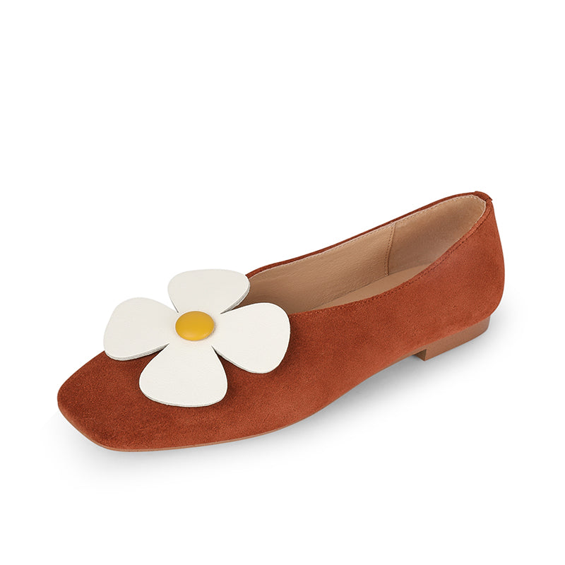 Iman Brown Square Toe Ballet Flats with Flowers Newgew
