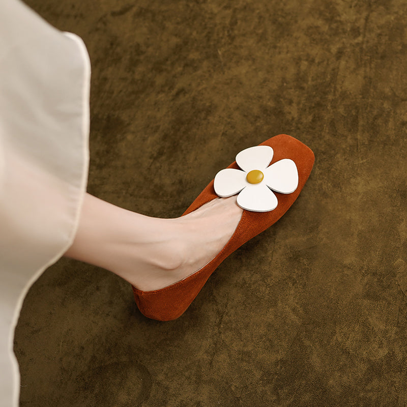 Iman Brown Square Toe Ballet Flats with Flowers Newgew