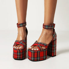 Elizabeth Platform Chunky Heel Studded Plaid Sandals NEW GEW