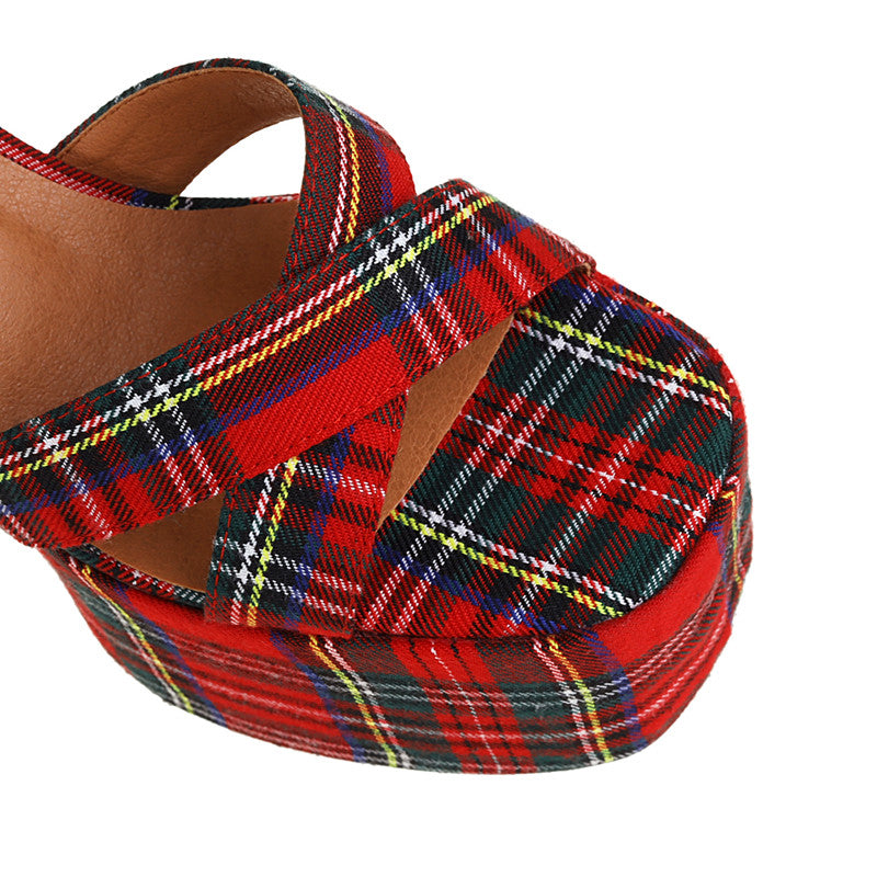 Elizabeth Platform Chunky Heel Studded Plaid Sandals NEW GEW