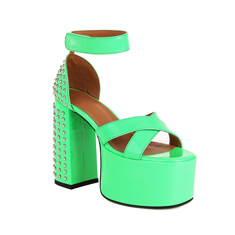 Elizabeth Platform Chunky Heel Studded Plaid Sandals NEW GEW
