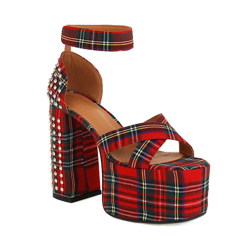 Elizabeth Platform Chunky Heel Studded Plaid Sandals NEW GEW