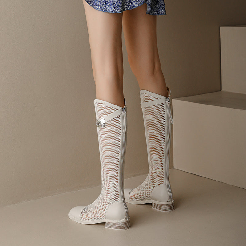 Elise White Mesh Summer Knee High Boots NEW GEW