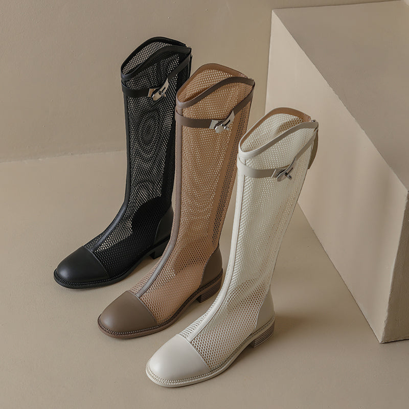 Elise White Mesh Summer Knee High Boots NEW GEW