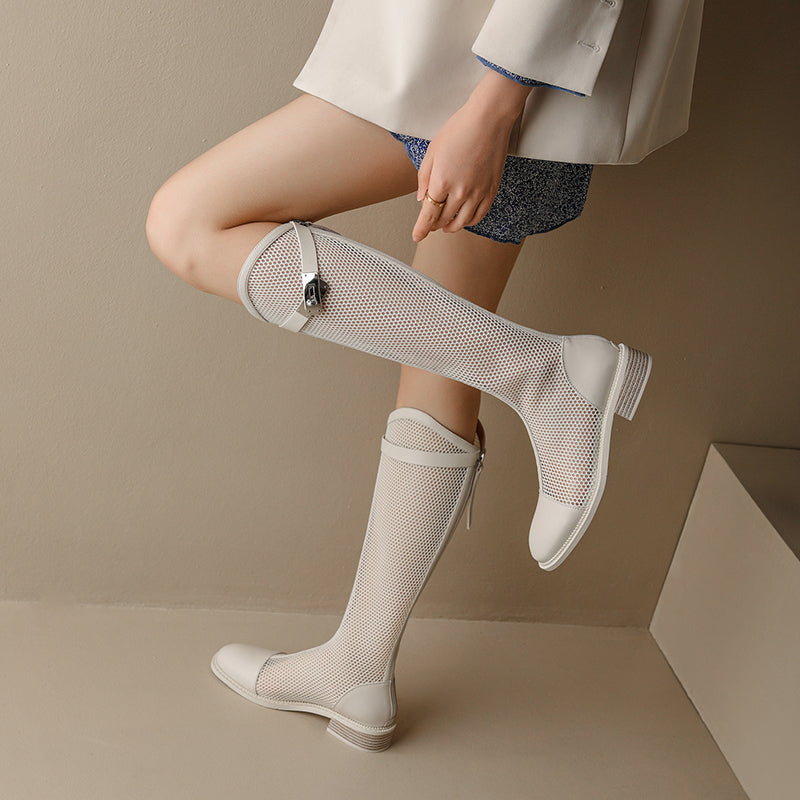 Elise White Mesh Summer Knee High Boots NEW GEW