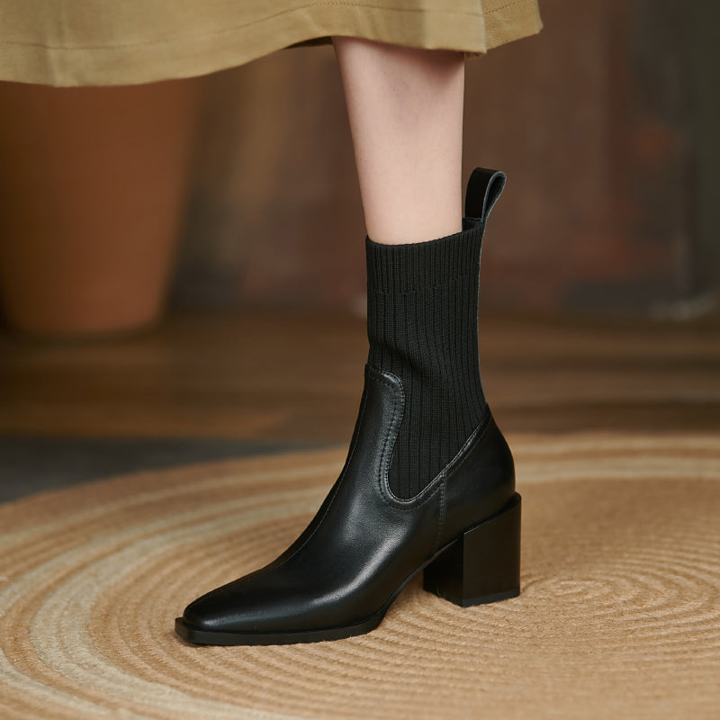 Yuliana Genuine Leather Chunky Heel Slip on Ankle Boots Newgew