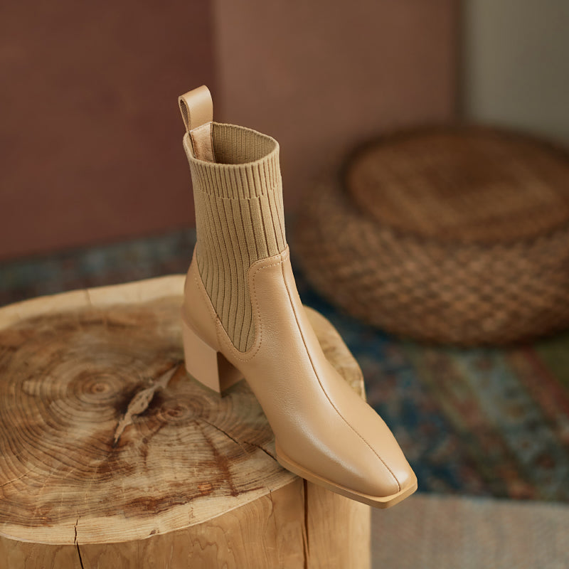 Yuliana Genuine Leather Chunky Heel Slip on Ankle Boots Newgew