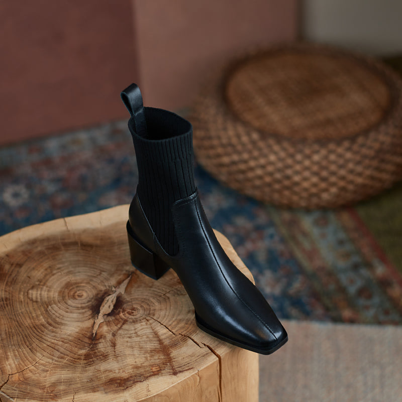 Yuliana Genuine Leather Chunky Heel Slip on Ankle Boots Newgew