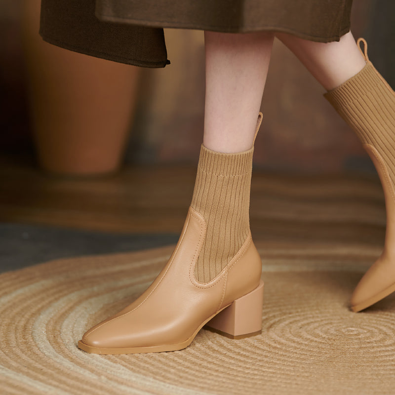 Yuliana Genuine Leather Chunky Heel Slip on Ankle Boots Newgew