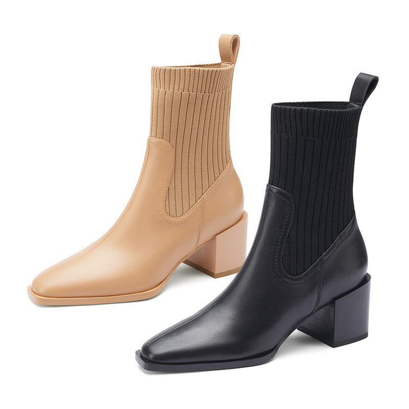 Yuliana Genuine Leather Chunky Heel Slip on Ankle Boots Newgew